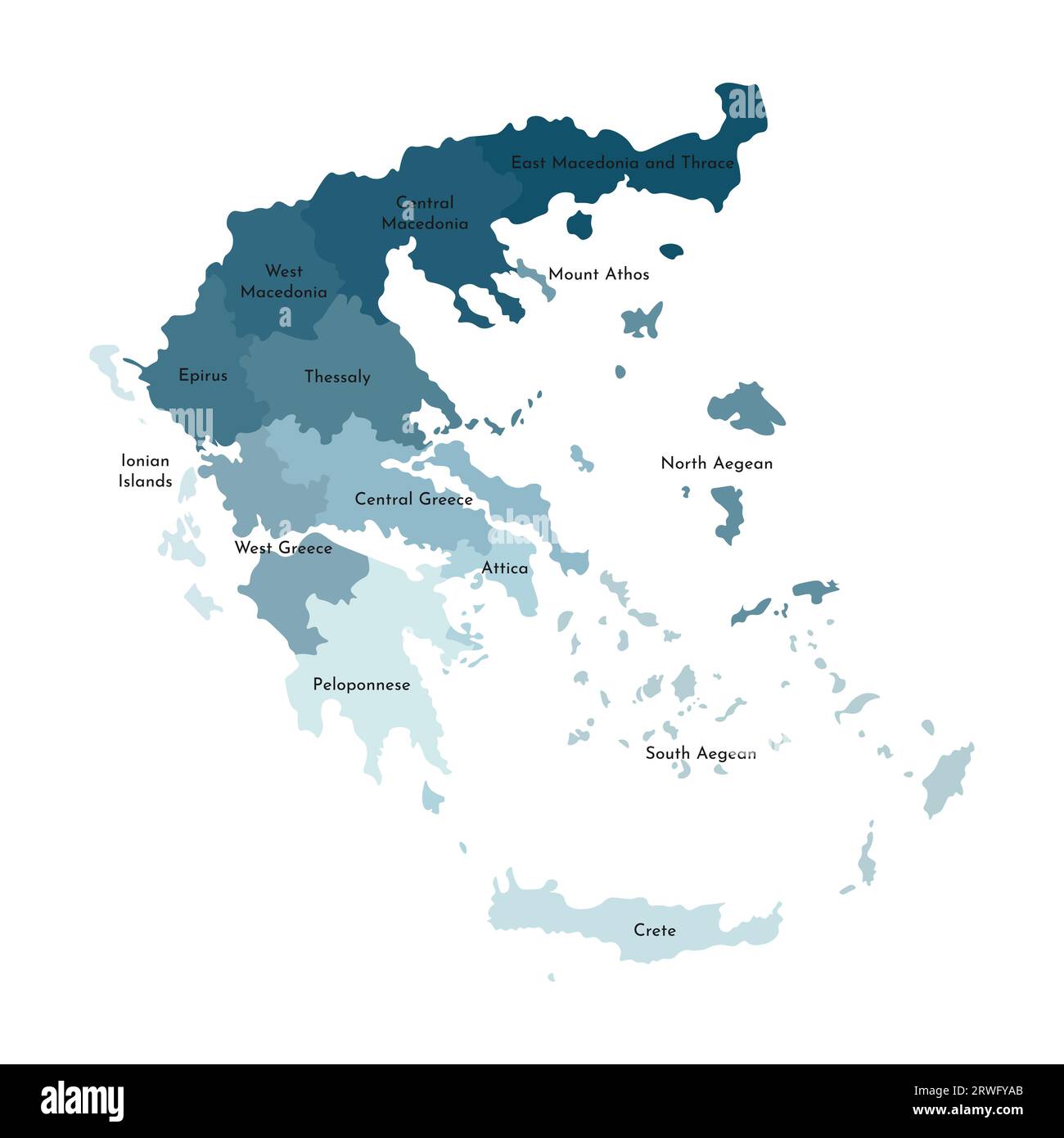 Illustrazione vettoriale isolata della mappa amministrativa semplificata della Grecia. Confini e nomi delle regioni. Sagome kaki blu colorato. Illustrazione Vettoriale