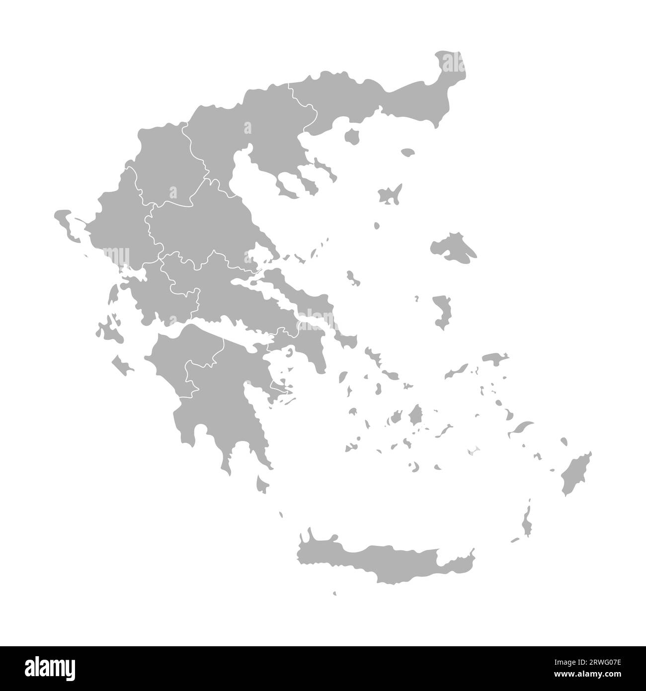 Illustrazione vettoriale isolata della mappa amministrativa semplificata della Grecia. Confini delle province (regioni). Silhouette grigie. Contorno bianco. Illustrazione Vettoriale
