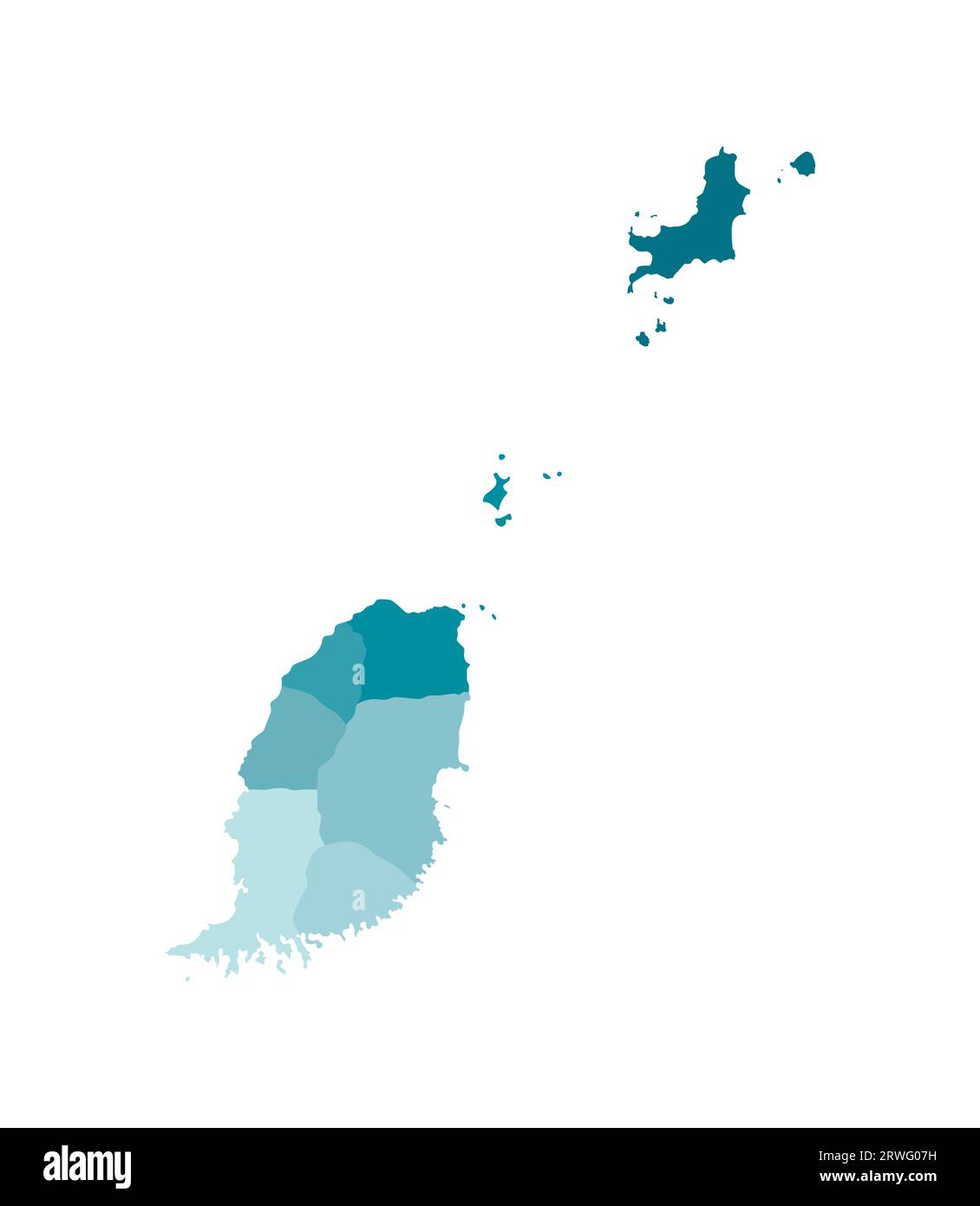 Illustrazione vettoriale isolata della mappa amministrativa semplificata di Grenada. Confini delle parrocchie (regioni) e delle isole con stato di dipendenza. Col Illustrazione Vettoriale