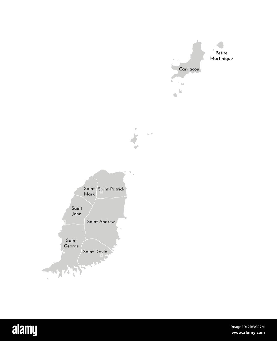 Illustrazione vettoriale isolata della mappa amministrativa semplificata di Grenada. Confini e nomi delle parrocchie (regioni) e delle isole con lo status di depen Illustrazione Vettoriale