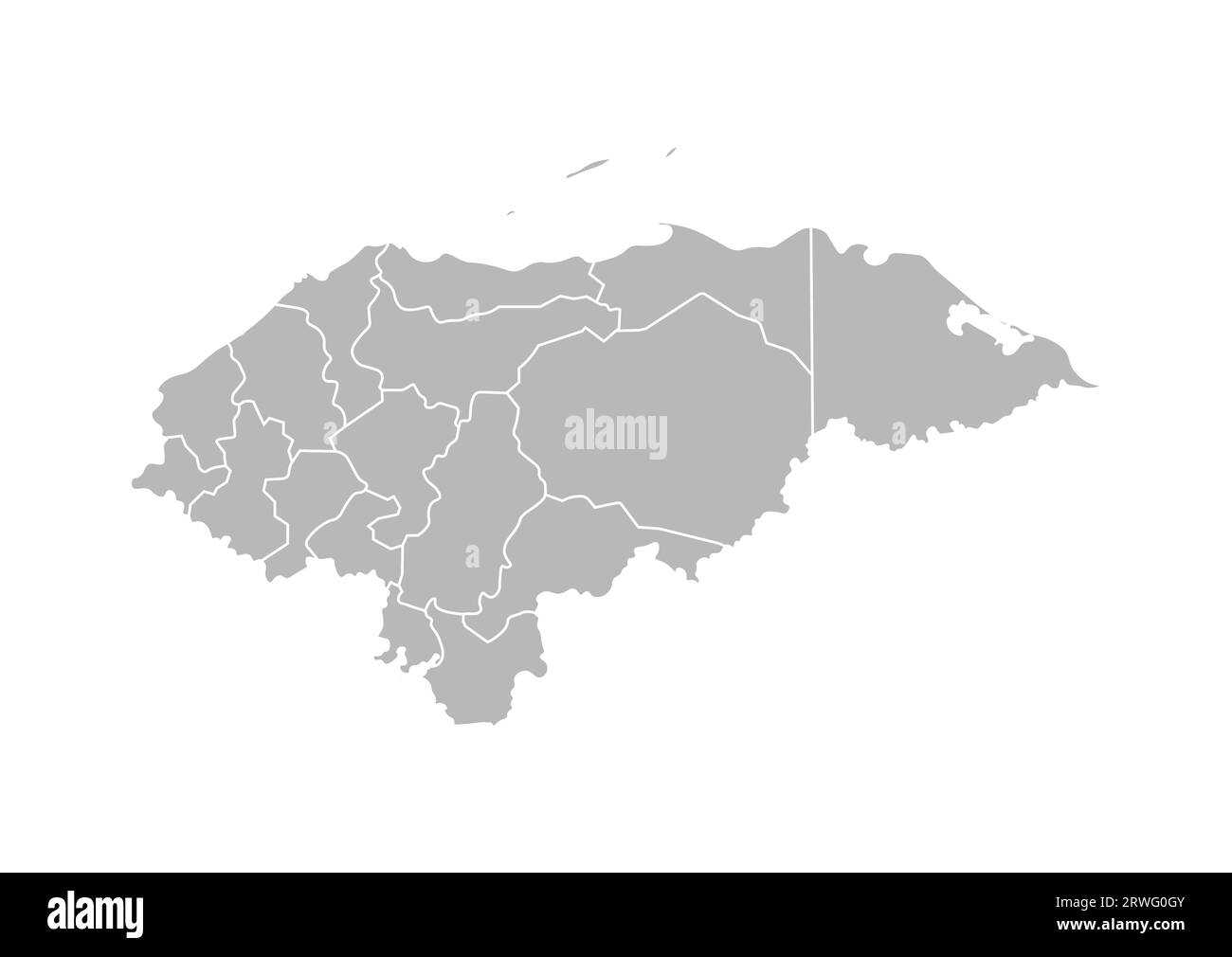 Illustrazione vettoriale isolata della mappa amministrativa semplificata dell'Honduras. Confini dei dipartimenti (regioni). Silhouette grigie. Contorno bianco. Illustrazione Vettoriale