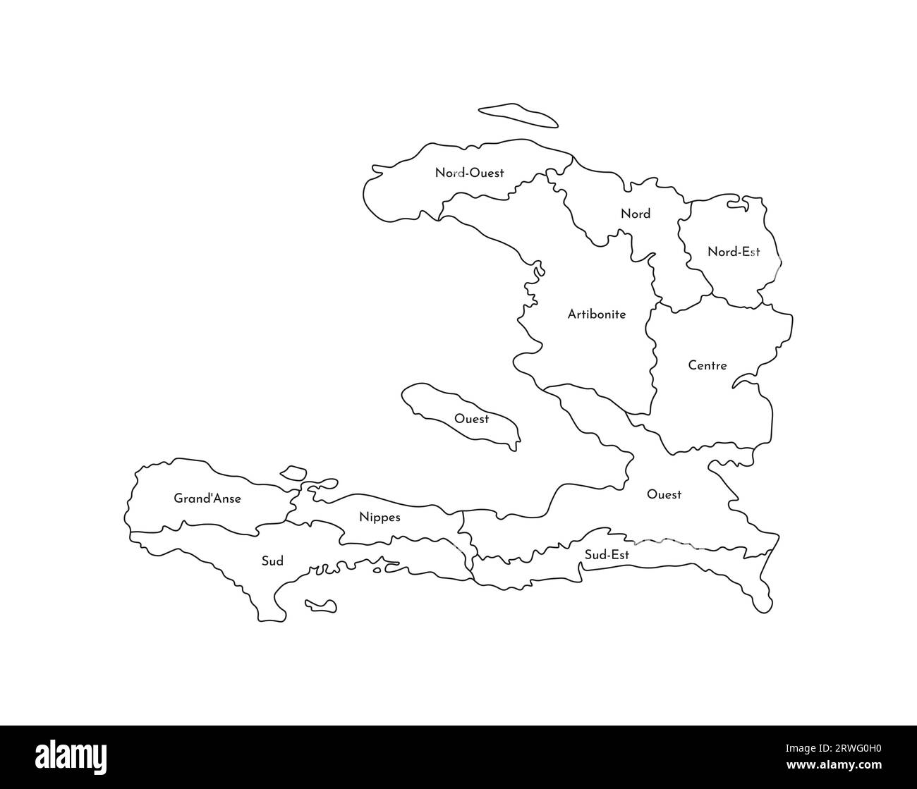 Illustrazione vettoriale isolata della mappa amministrativa semplificata di Haiti. Confini e nomi dei dipartimenti (regioni). Silhouette nere. Illustrazione Vettoriale