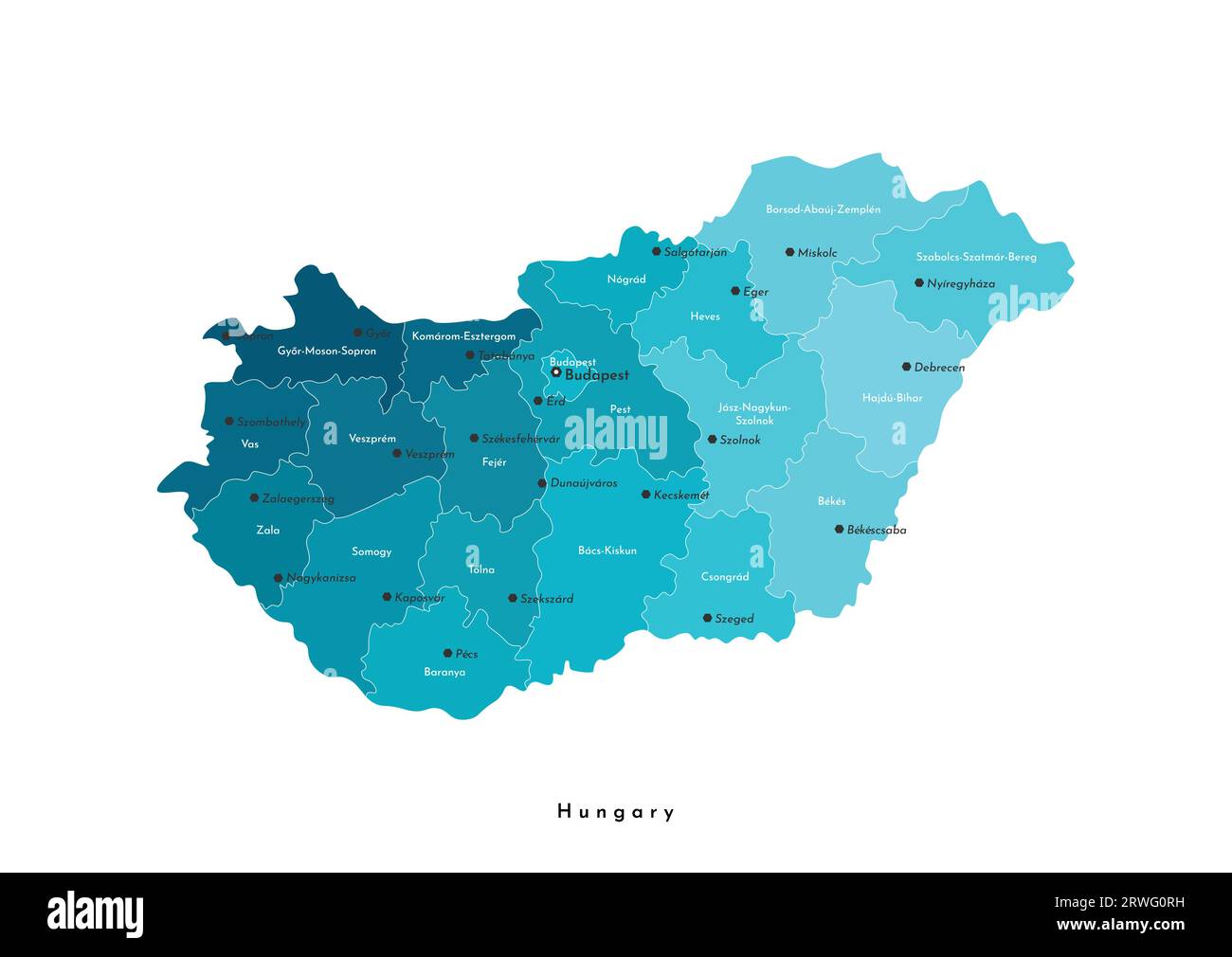 Illustrazione vettoriale isolata. Mappa amministrativa semplificata dell'Ungheria (in colori blu). Nomi di città e contee ungheresi . Sfondo bianco Illustrazione Vettoriale