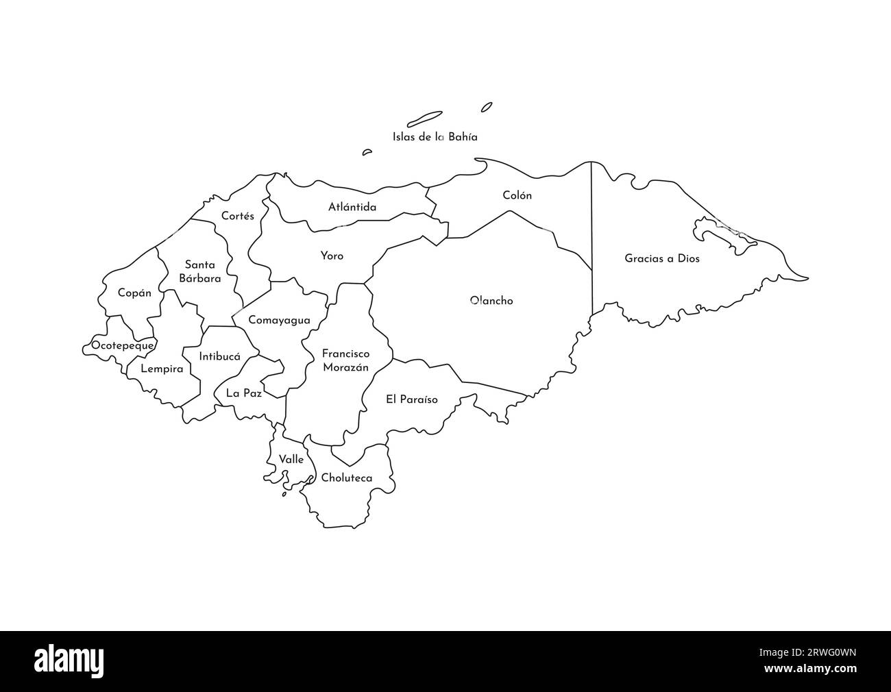 Illustrazione vettoriale isolata della mappa amministrativa semplificata dell'Honduras. Confini e nomi dei dipartimenti (regioni). Silhouette nere. Illustrazione Vettoriale