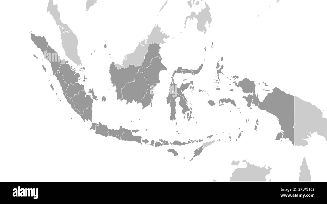 Illustrazione vettoriale moderna. Mappa geografica grigia semplificata dell'Indonesia e dei paesi limitrofi (Malaysia, Brunei e così via). Sfondo bianco. BOR Illustrazione Vettoriale