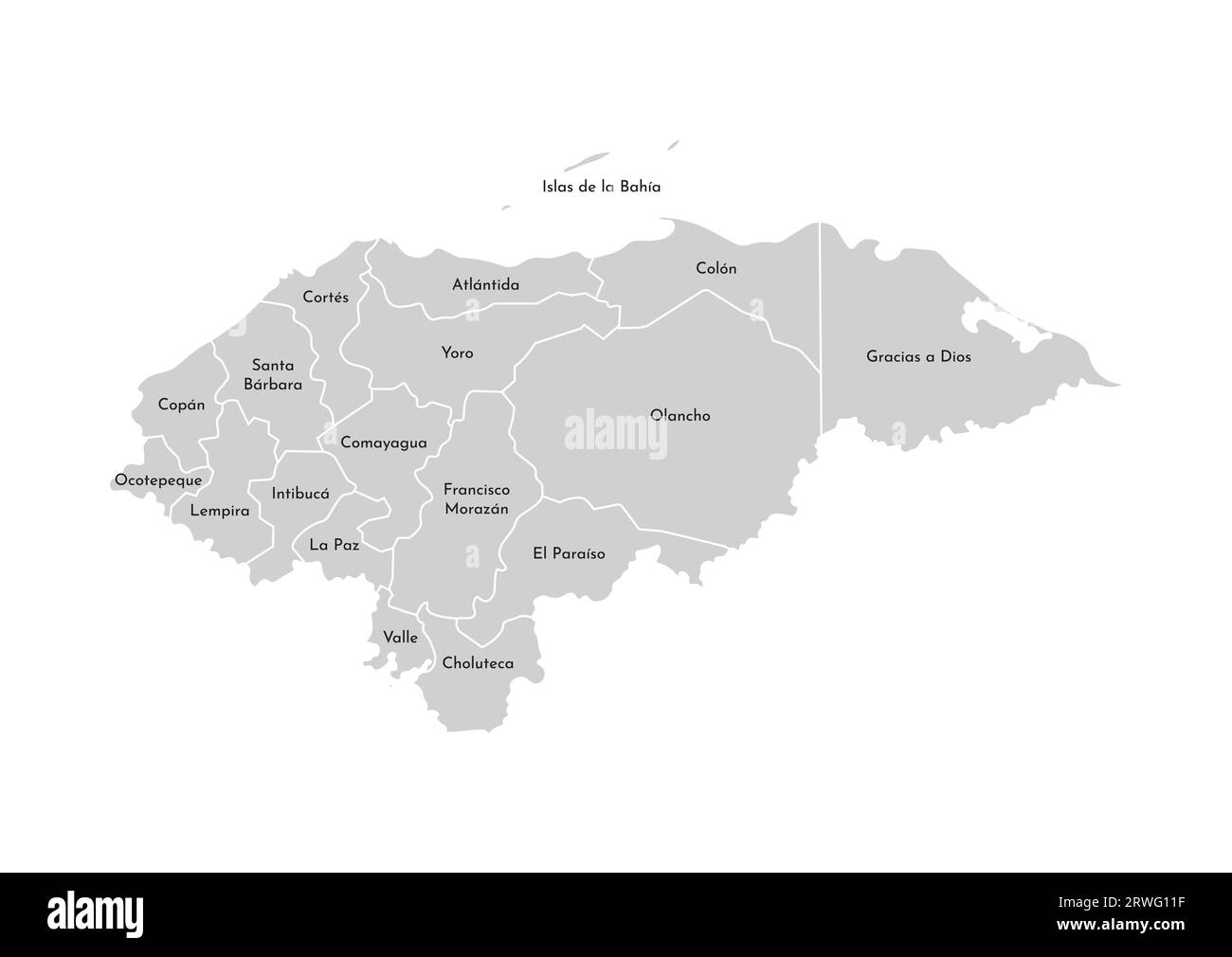 Illustrazione vettoriale isolata della mappa amministrativa semplificata dell'Honduras. Confini e nomi dei dipartimenti (regioni). Silhouette grigie. Bianco fuori Illustrazione Vettoriale