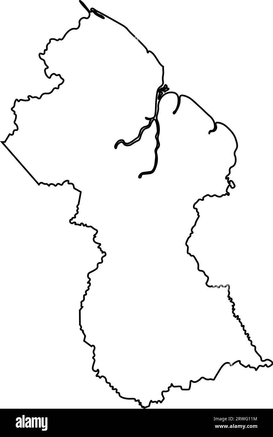 Icona di illustrazione vettoriale isolata con silhouette a linea nera della mappa semplificata della Guyana. Illustrazione Vettoriale Icona di illustrazione vettoriale isolata con silhouette a linea nera della mappa semplificata della Guyana. Illustrazione Vettoriale