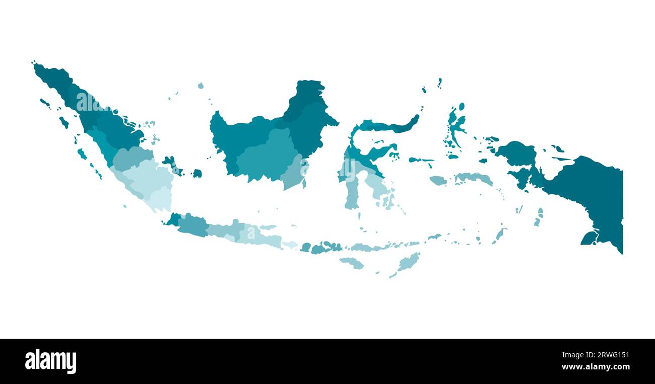 Illustrazione vettoriale isolata della mappa amministrativa semplificata dell'Indonesia. Confini delle regioni. Sagome kaki blu colorato. Illustrazione Vettoriale