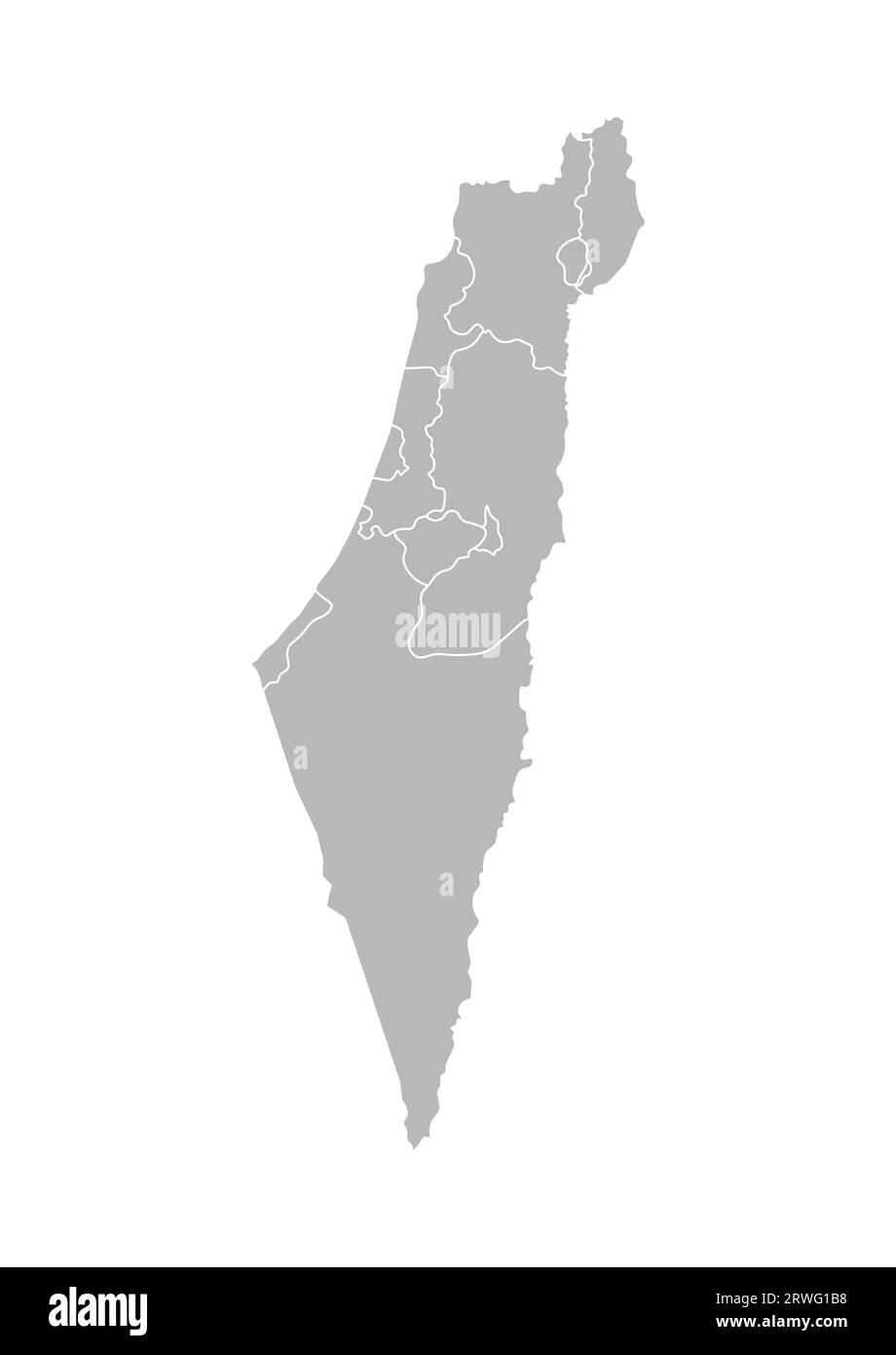 Illustrazione vettoriale isolata della mappa amministrativa semplificata di Israele. Confini dei distretti (regioni). Silhouette grigie. Contorno bianco. Illustrazione Vettoriale