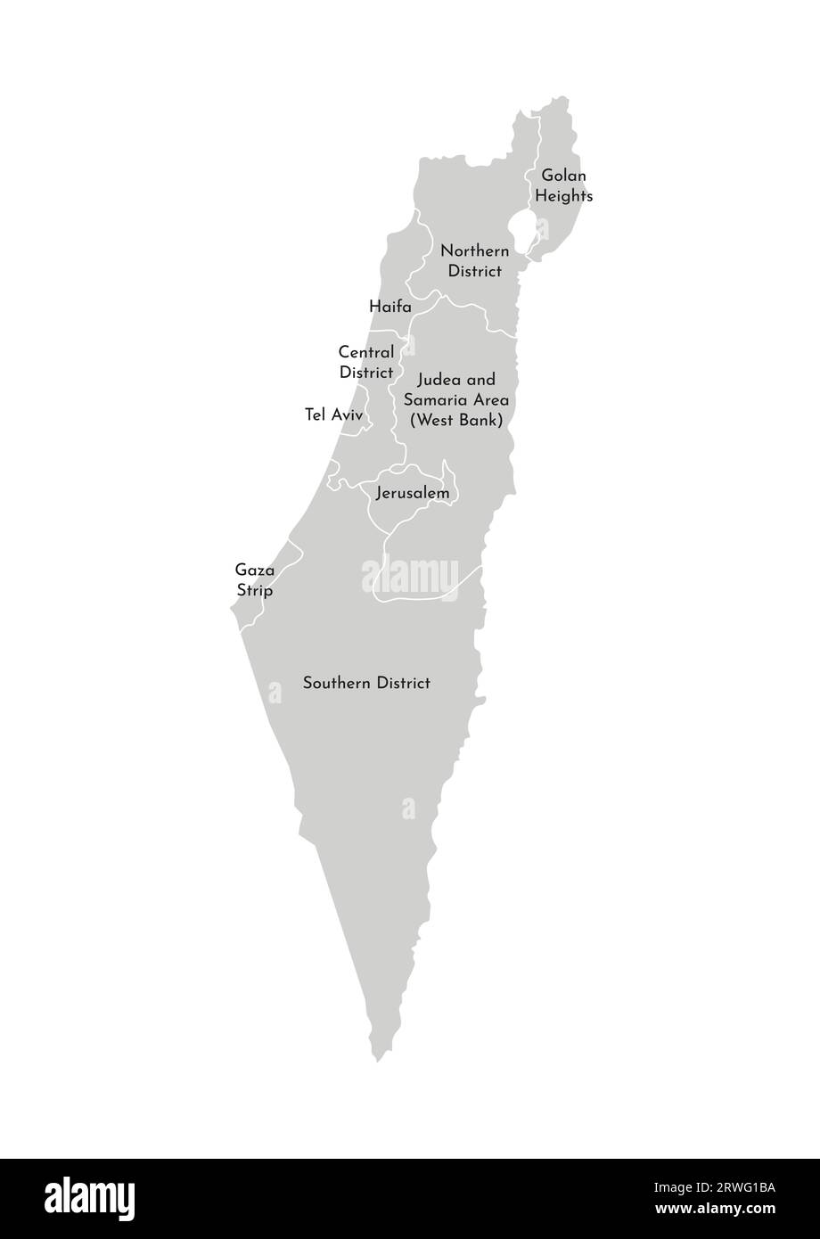 Illustrazione vettoriale isolata della mappa amministrativa semplificata di Israele. Confini e nomi dei distretti (regioni). Silhouette grigie. Contorno bianco Illustrazione Vettoriale