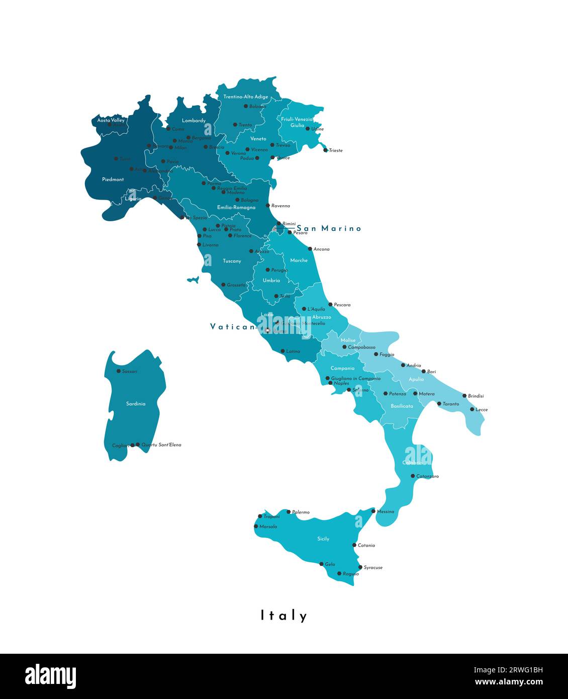 Illustrazione vettoriale moderna isolata. Mappa amministrativa semplificata dell'Italia. Sfondo bianco e contorni. Nomi delle città e delle regioni italiane. Illustrazione Vettoriale