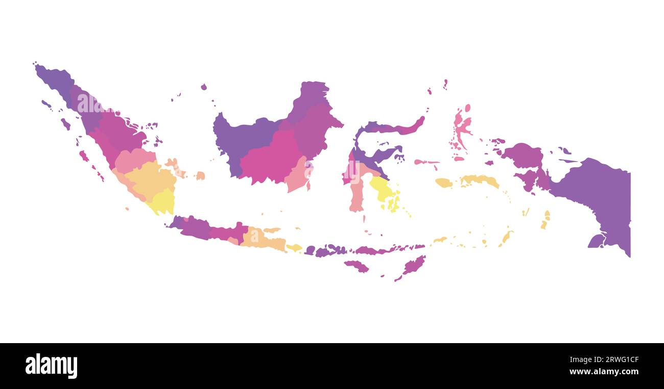 Illustrazione vettoriale isolata della mappa amministrativa semplificata dell'Indonesia. Confini delle regioni. Silhouette multicolore. Illustrazione Vettoriale