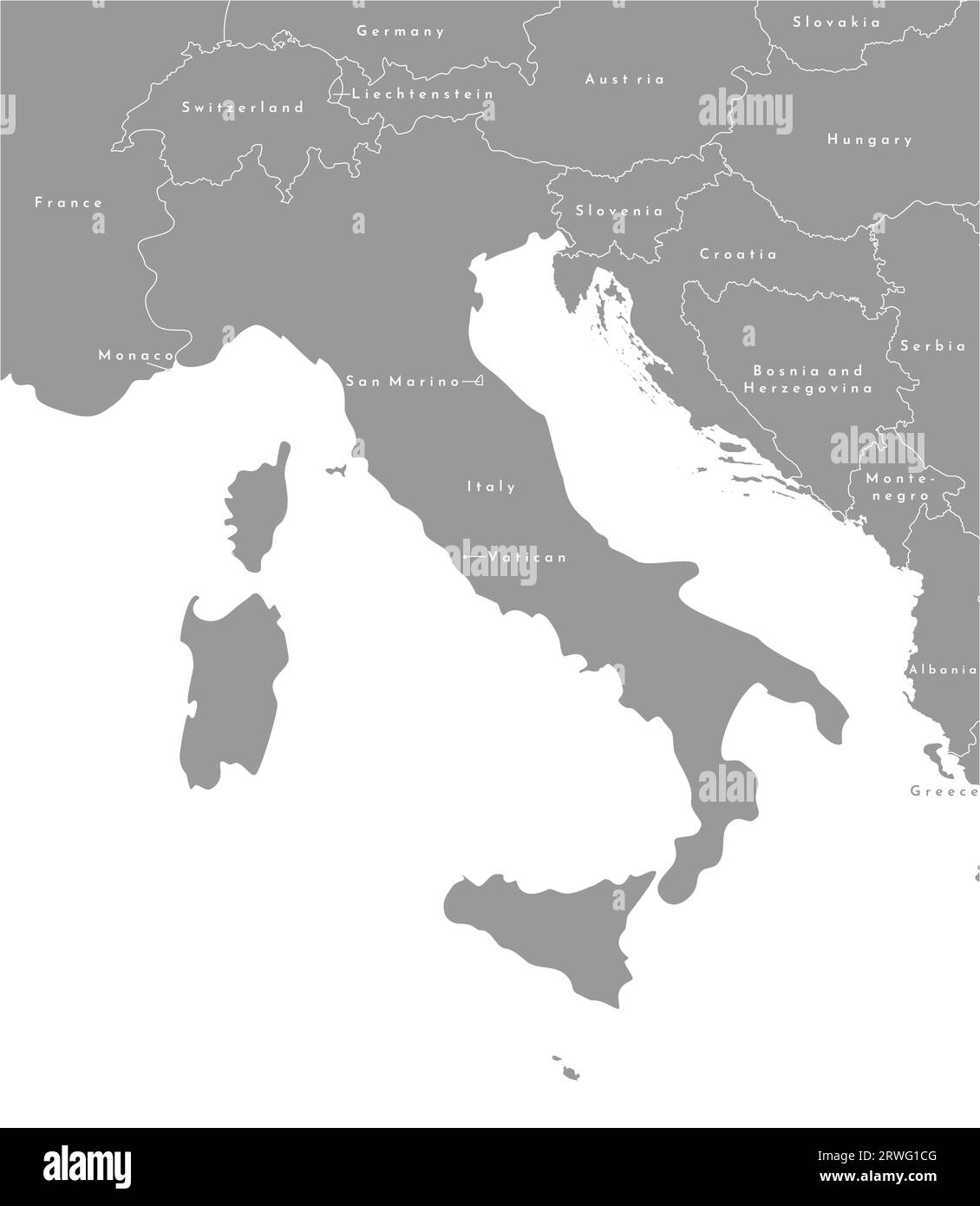 Illustrazione vettoriale moderna. Mappa grigia semplificata dell'Italia al centro e confina con i paesi europei vicini. Sfondo bianco e contorni. Illustrazione Vettoriale