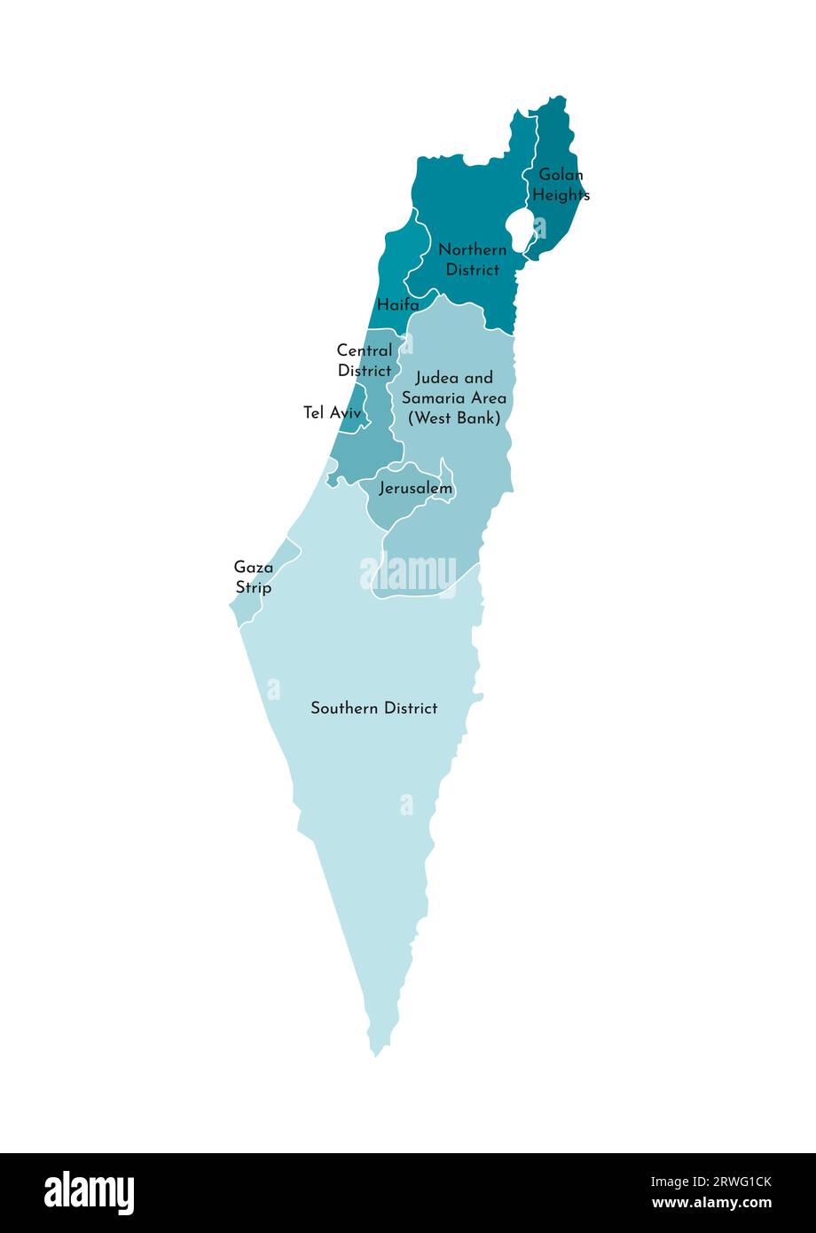 Illustrazione vettoriale isolata della mappa amministrativa semplificata di Israele. Confini e nomi dei distretti (regioni). Sagome kaki blu colorato Illustrazione Vettoriale