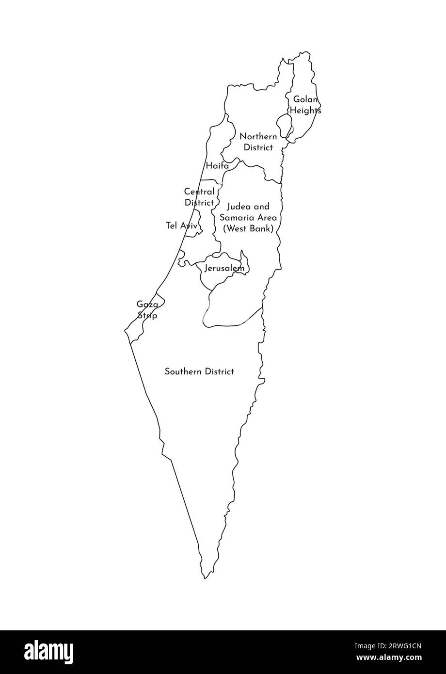 Illustrazione vettoriale isolata della mappa amministrativa semplificata di Israele. Confini e nomi dei distretti (regioni). Silhouette nere. Illustrazione Vettoriale