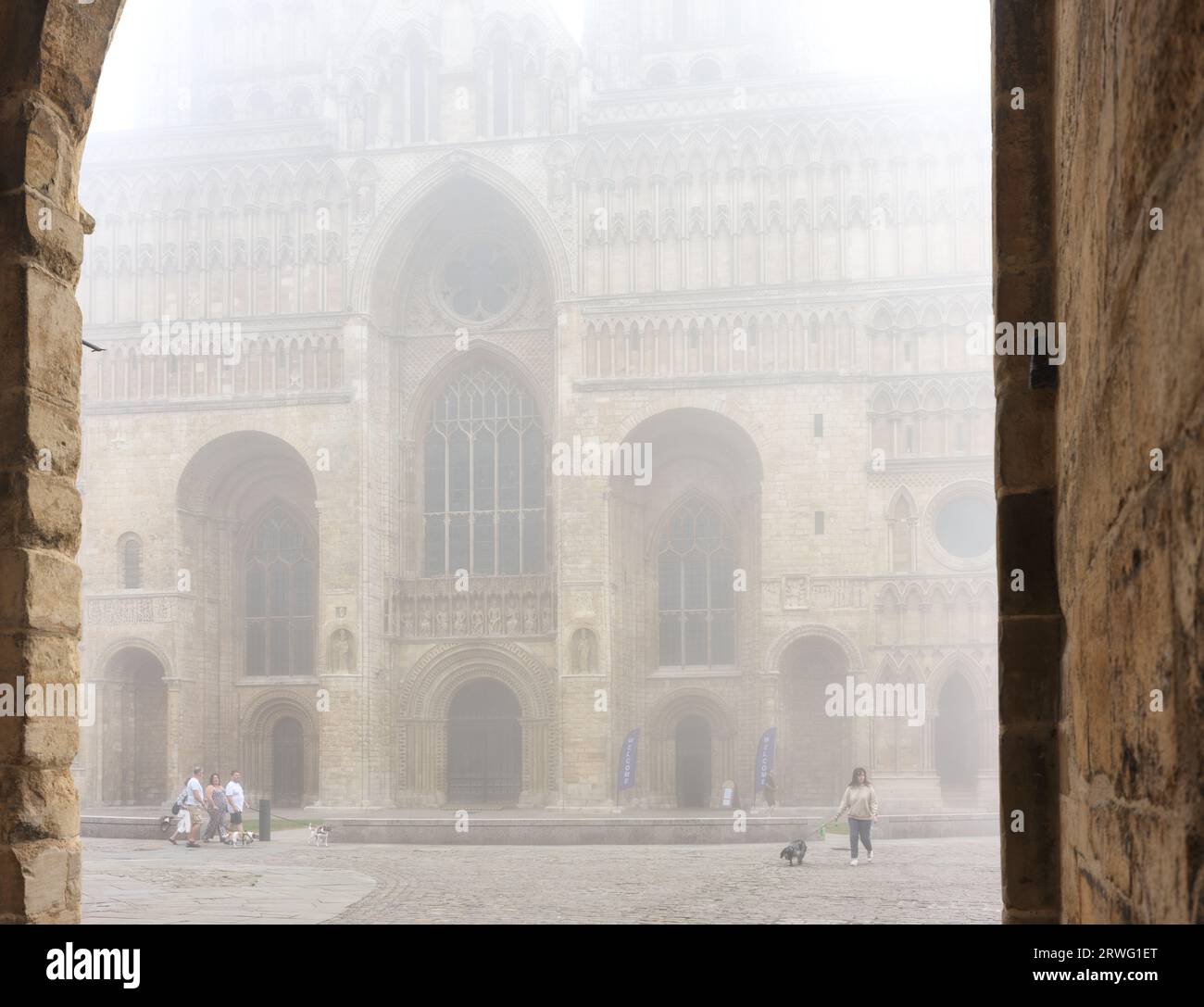 West End e ingresso principale alla cattedrale medievale costruita dai normanni a Lincoln, Inghilterra, in una mattina nebbiosa. Foto Stock