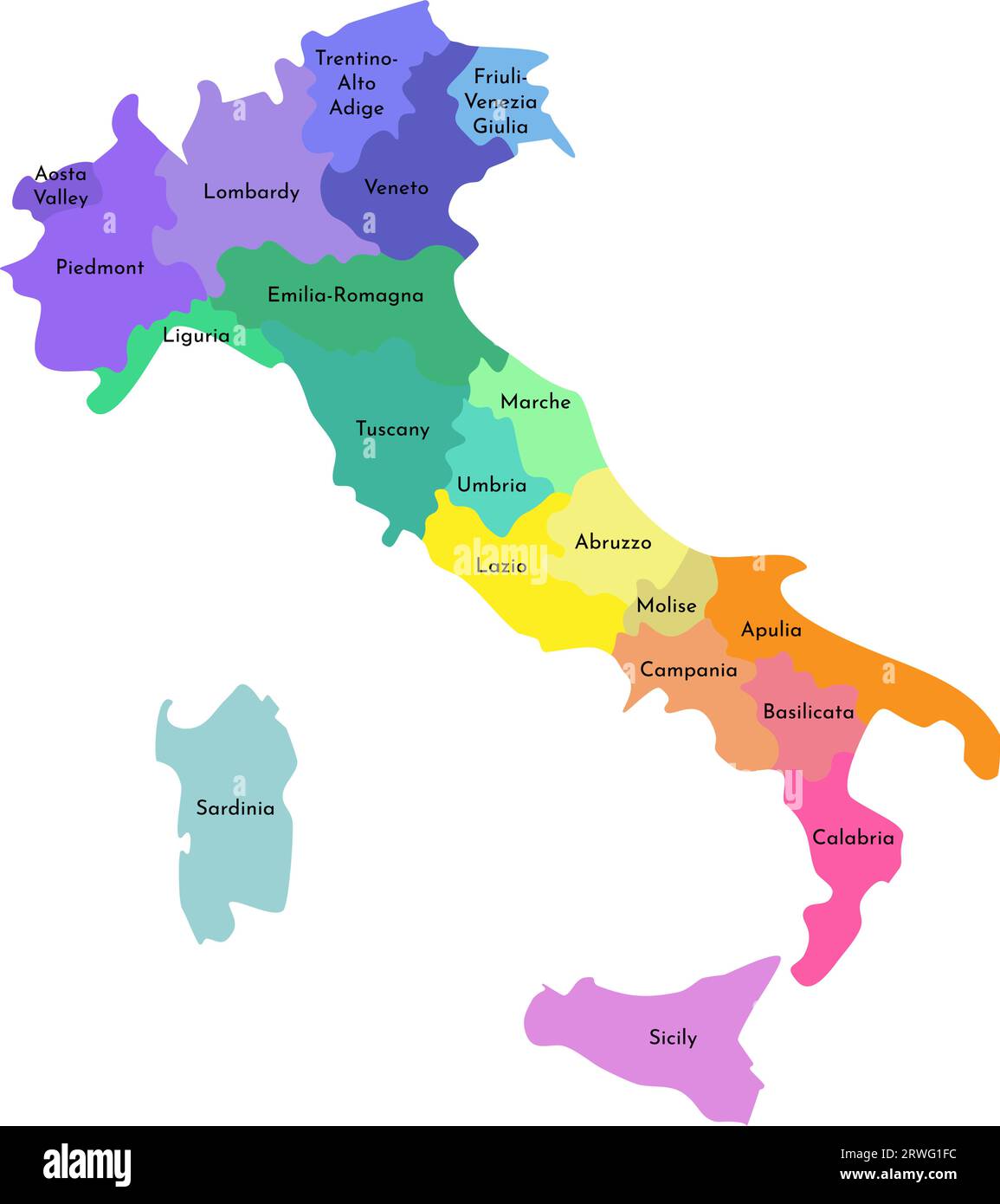 Illustrazione vettoriale isolata della mappa amministrativa semplificata dell'Italia. Confini e nomi delle regioni. Silhouette multicolore. Illustrazione Vettoriale