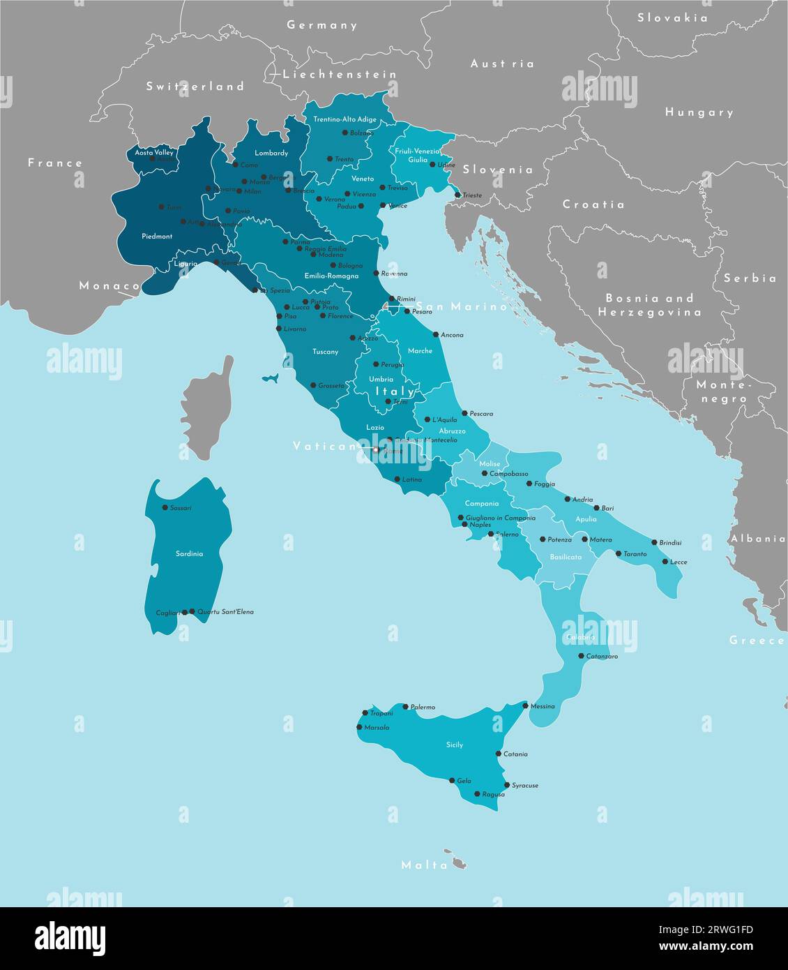 Illustrazione vettoriale moderna. Mappa amministrativa semplificata dell'Italia e confini con i paesi europei confinanti. Sfondo blu dei mari. Nomi di Illustrazione Vettoriale