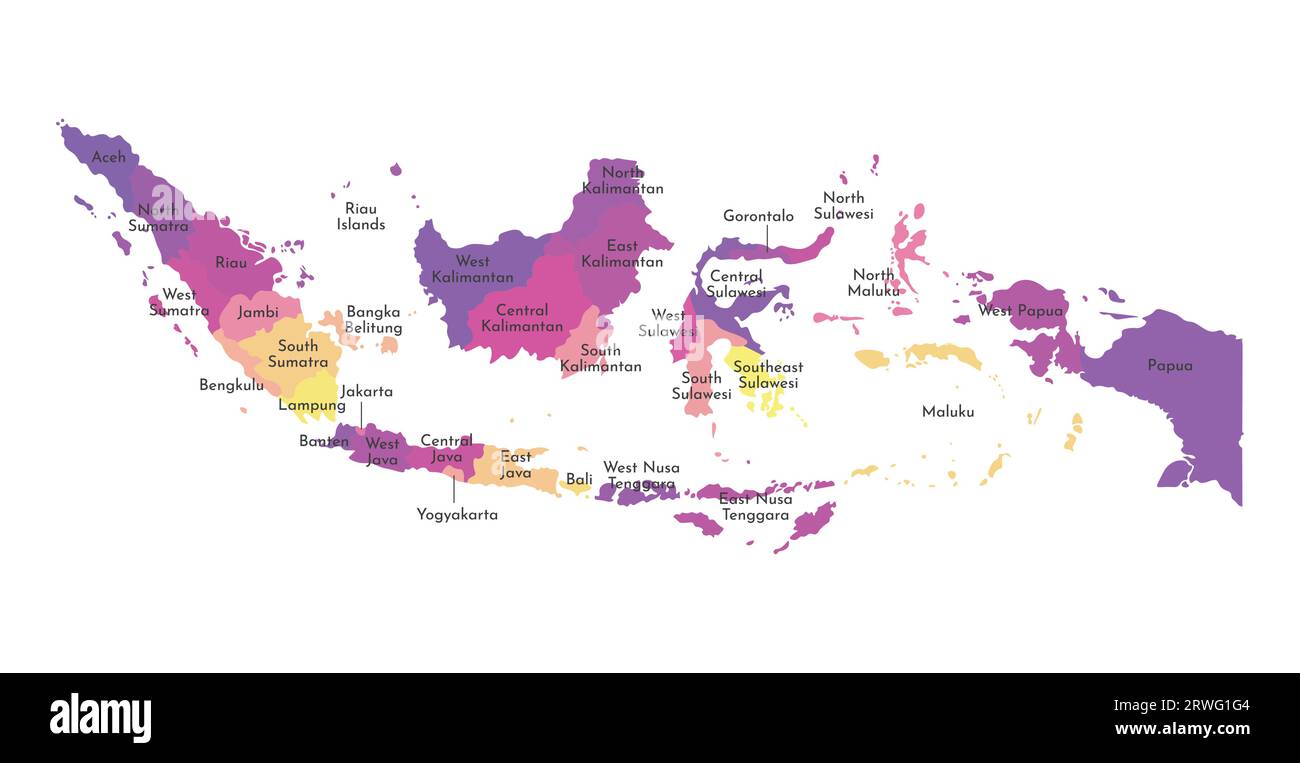 Illustrazione vettoriale isolata della mappa amministrativa semplificata dell'Indonesia. Confini e nomi delle regioni. Silhouette multicolore. Illustrazione Vettoriale