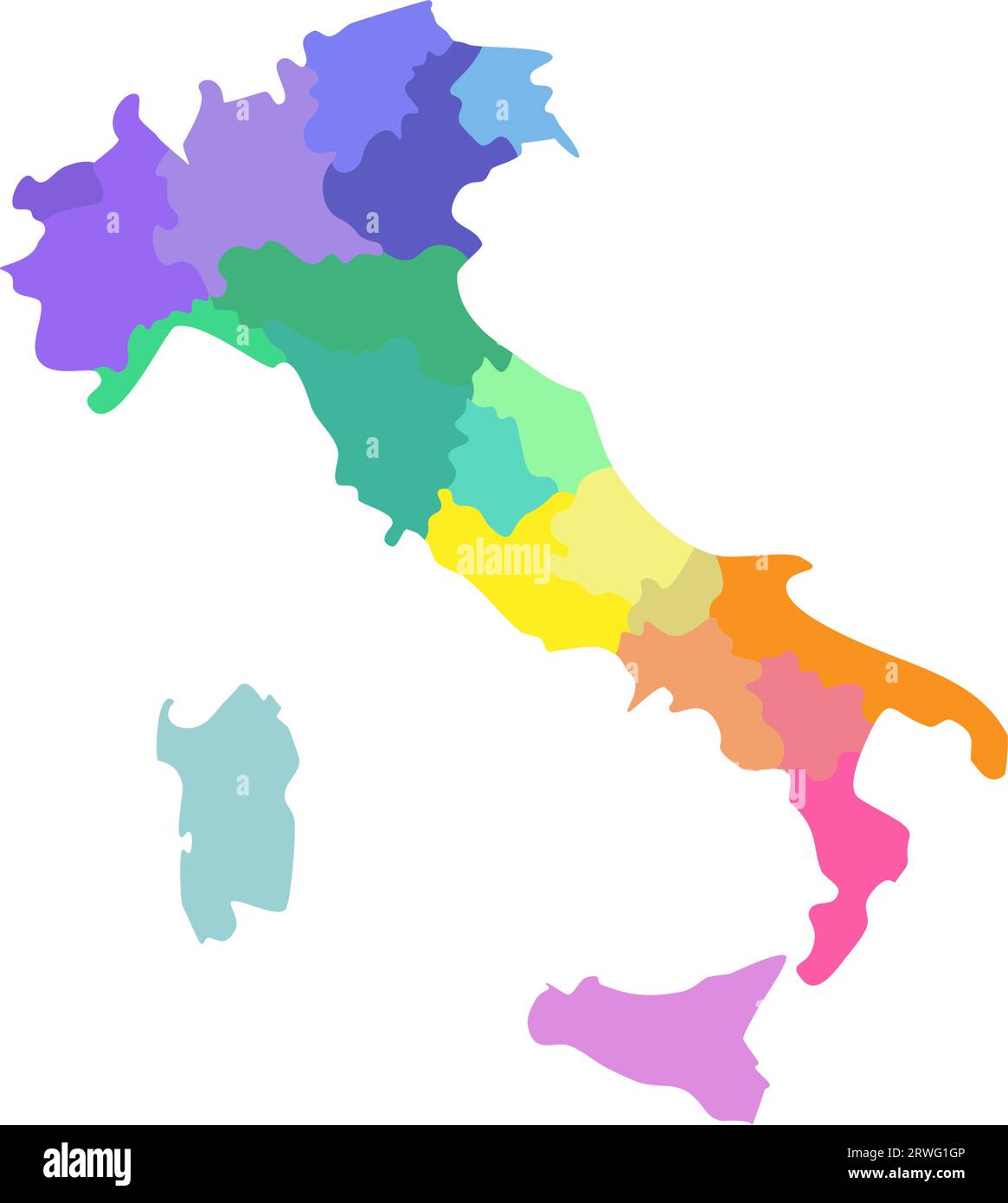 Illustrazione vettoriale isolata della mappa amministrativa semplificata dell'Italia. Confini delle regioni. Silhouette multicolore. Illustrazione Vettoriale