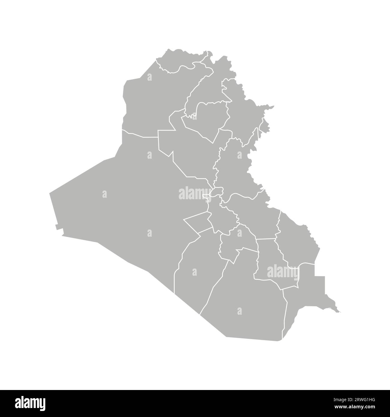 Illustrazione vettoriale isolata della mappa amministrativa semplificata dell'Iraq. Confini dei governatorati (regioni). Silhouette grigie. Contorno bianco. Illustrazione Vettoriale