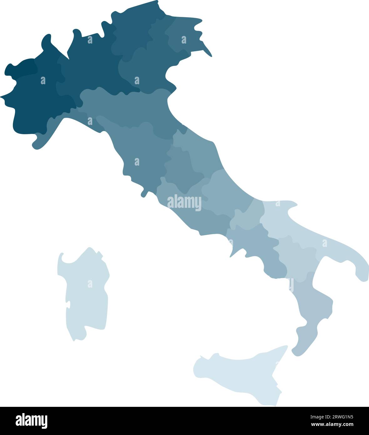 Illustrazione vettoriale isolata della mappa amministrativa semplificata dell'Italia. Confini delle regioni. Sagome kaki blu colorato. Illustrazione Vettoriale