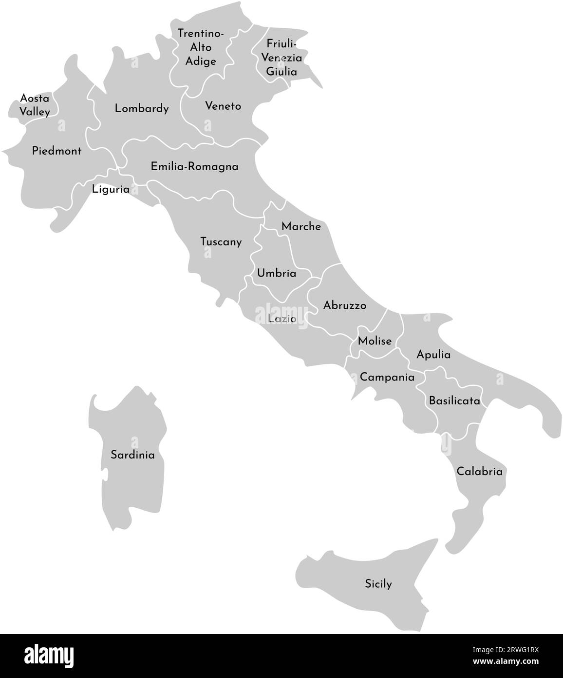 Illustrazione vettoriale isolata della mappa amministrativa semplificata dell'Italia. Confini e nomi delle province (regioni). Silhouette grigie. Contorno bianco. Illustrazione Vettoriale