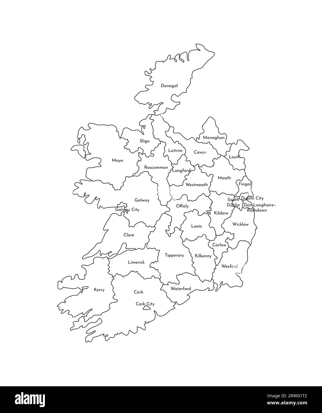 Illustrazione vettoriale isolata della mappa amministrativa semplificata della Repubblica d’Irlanda. Confini e nomi delle regioni. Silhouette nere. Illustrazione Vettoriale