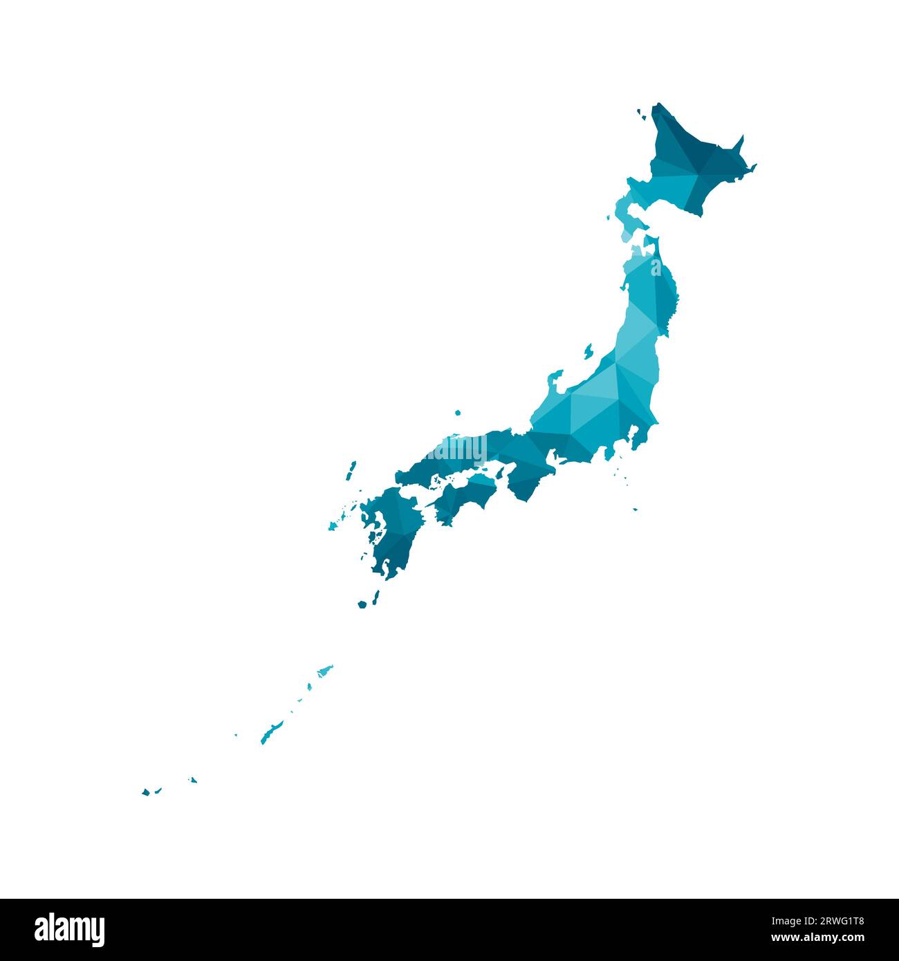 Icona di illustrazione vettoriale isolata con sagoma blu semplificata della mappa del Giappone. Stile geometrico poligonale, forme triangolari. Sfondo bianco. Illustrazione Vettoriale