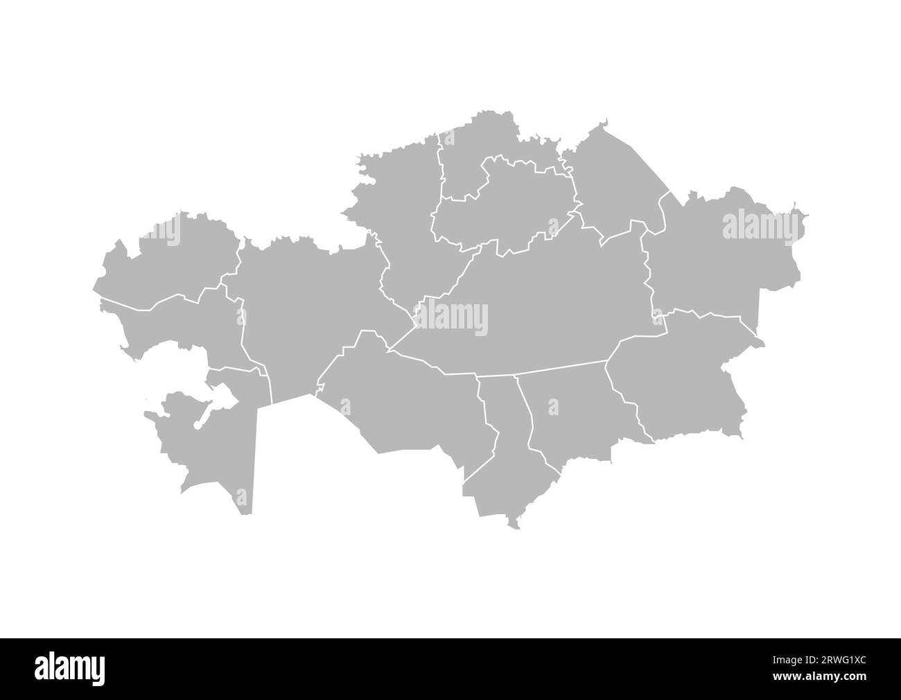 Illustrazione vettoriale isolata della mappa amministrativa semplificata del Kazakistan. Confini delle province (regioni). Silhouette grigie. Contorno bianco. Illustrazione Vettoriale