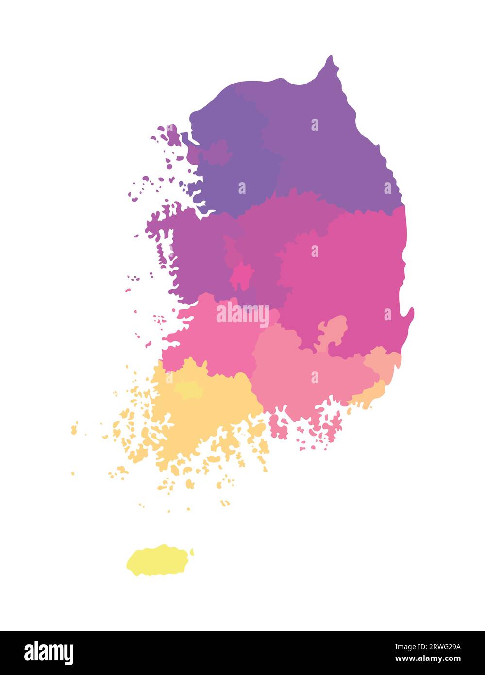Illustrazione vettoriale isolata della mappa amministrativa semplificata della Corea del Sud (Repubblica di Corea). Confini delle regioni. Silhouette multicolore. Illustrazione Vettoriale