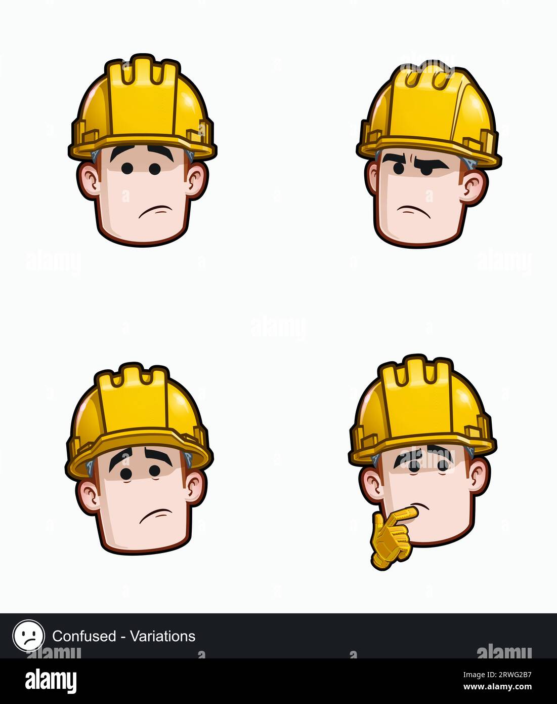 Set di icone di un volto di un operaio edile con variazioni di espressione emotiva confuse. Tutti gli elementi sono ordinati su livelli e gruppi ben descritti. Illustrazione Vettoriale