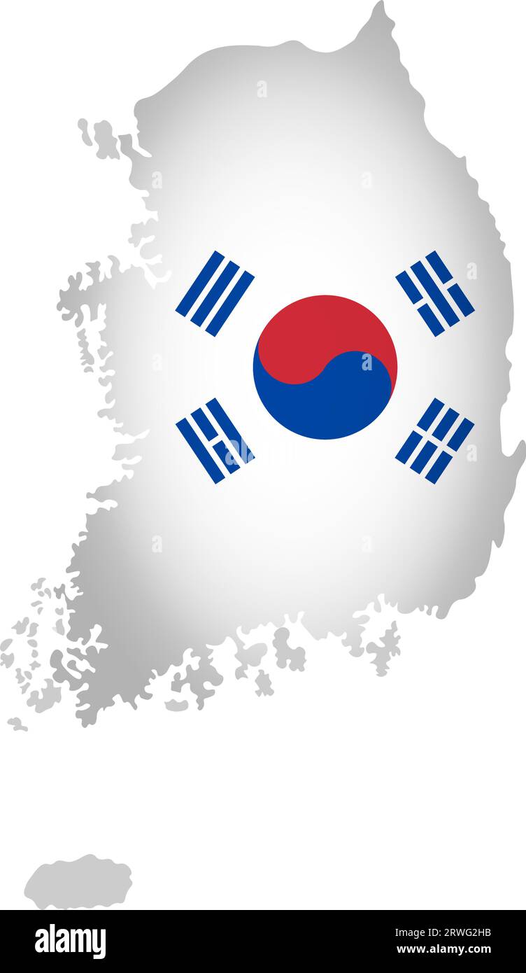 Illustrazione con bandiera nazionale con forma semplificata della mappa della Corea del Sud (Repubblica di Corea) (jpg). Ombreggiatura del volume sulla mappa. Illustrazione Vettoriale
