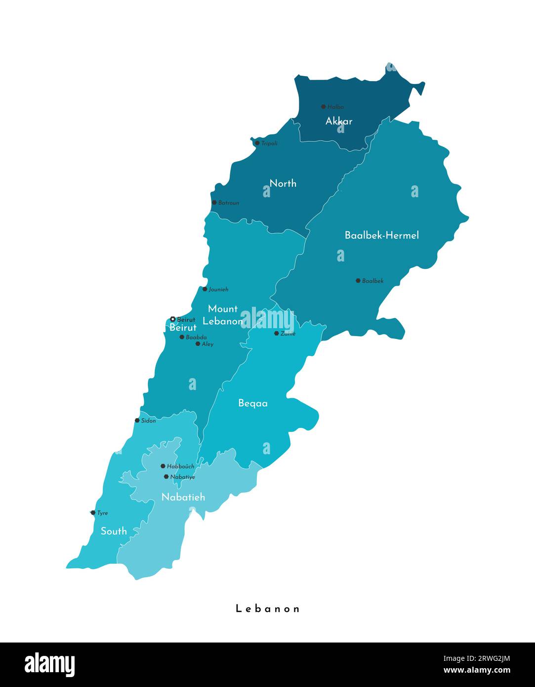 Illustrazione vettoriale moderna isolata. Mappa amministrativa semplificata del Libano in colori blu. Sfondo bianco e contorni. Nomi delle grandi città e g Illustrazione Vettoriale