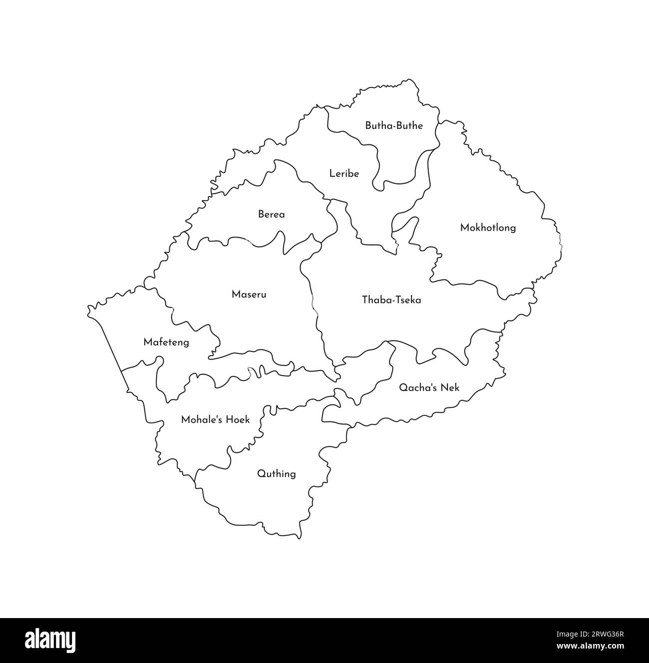 Illustrazione vettoriale isolata della mappa amministrativa semplificata del Lesotho. Confini e nomi dei distretti (regioni). Silhouette nere. Illustrazione Vettoriale