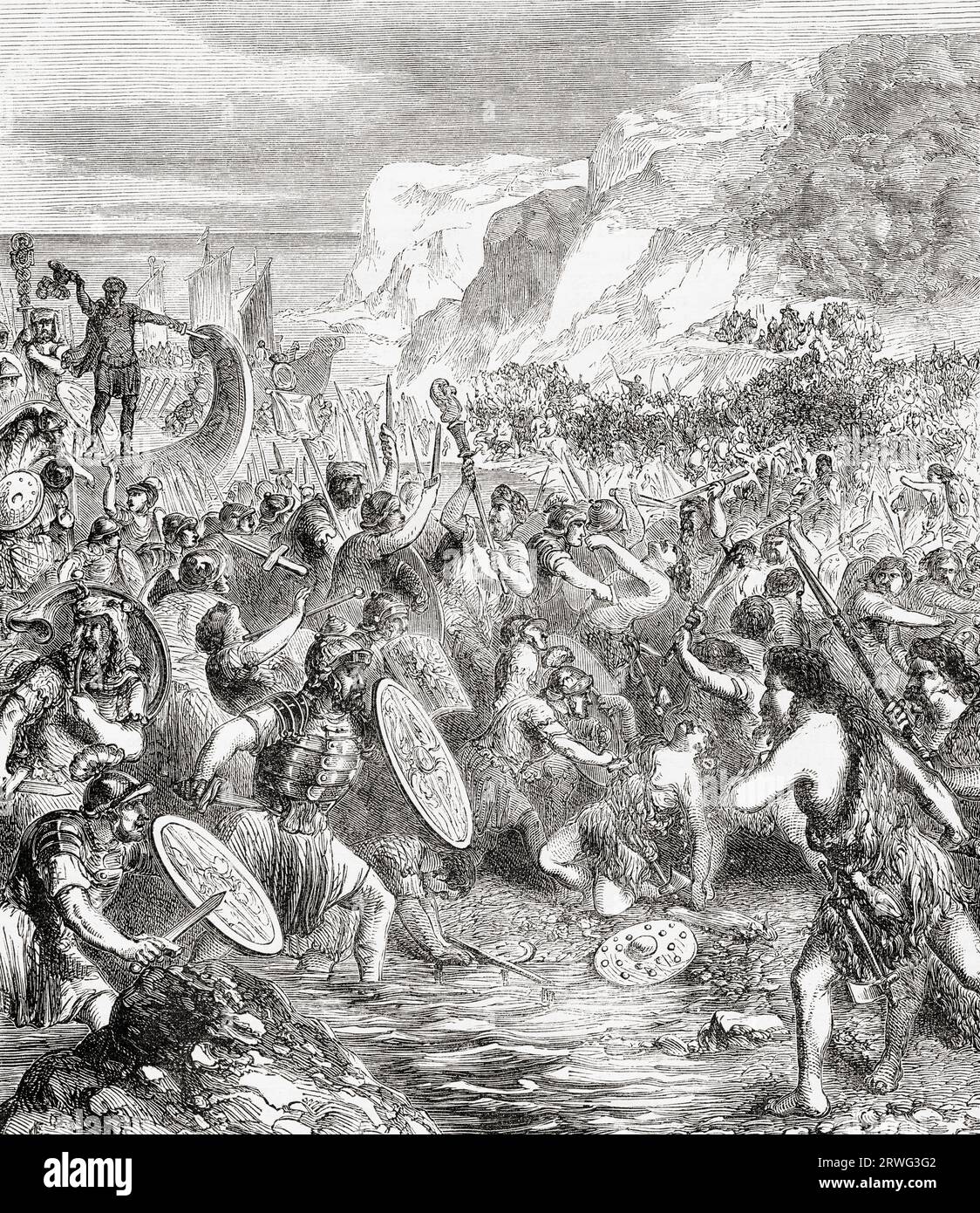 Lo sbarco di Giulio Cesare in Gran Bretagna, 55/54a.C. Da Cassell's Illustrated History of England, pubblicato nel 1857. Foto Stock