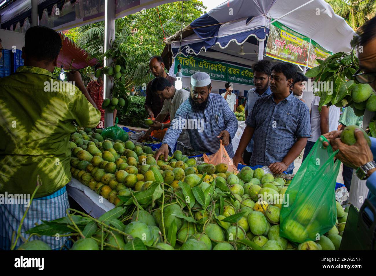 Persone che acquistano mango da una bancarella del National Fruit Festival organizzato dal ministero dell'agricoltura, Dacca, Bangladesh. Foto Stock