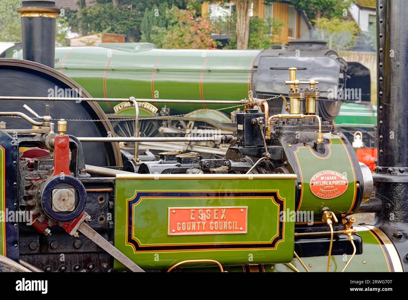 Boat of Garten Scotland, motore Flying Scotsman verde da rally e motore di trazione verde Essex County Council Foto Stock