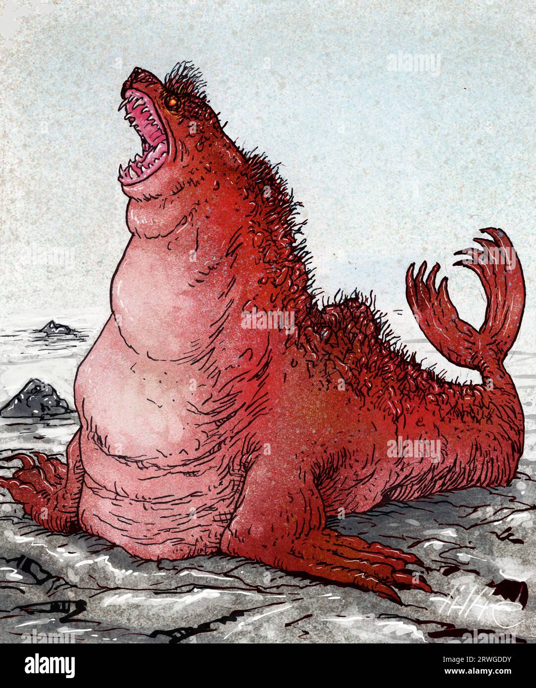 Art, Katthveli, uno degli Illhveli, le mitiche balene malvagie del folklore islandese, con il corpo di un sigillo, la bocca di un leopardo, la forza di un leone Foto Stock Art, Katthveli, uno degli Illhveli, le mitiche balene malvagie del folklore islandese, con il corpo di un sigillo, la bocca di un leopardo, la forza di un leone Foto Stock