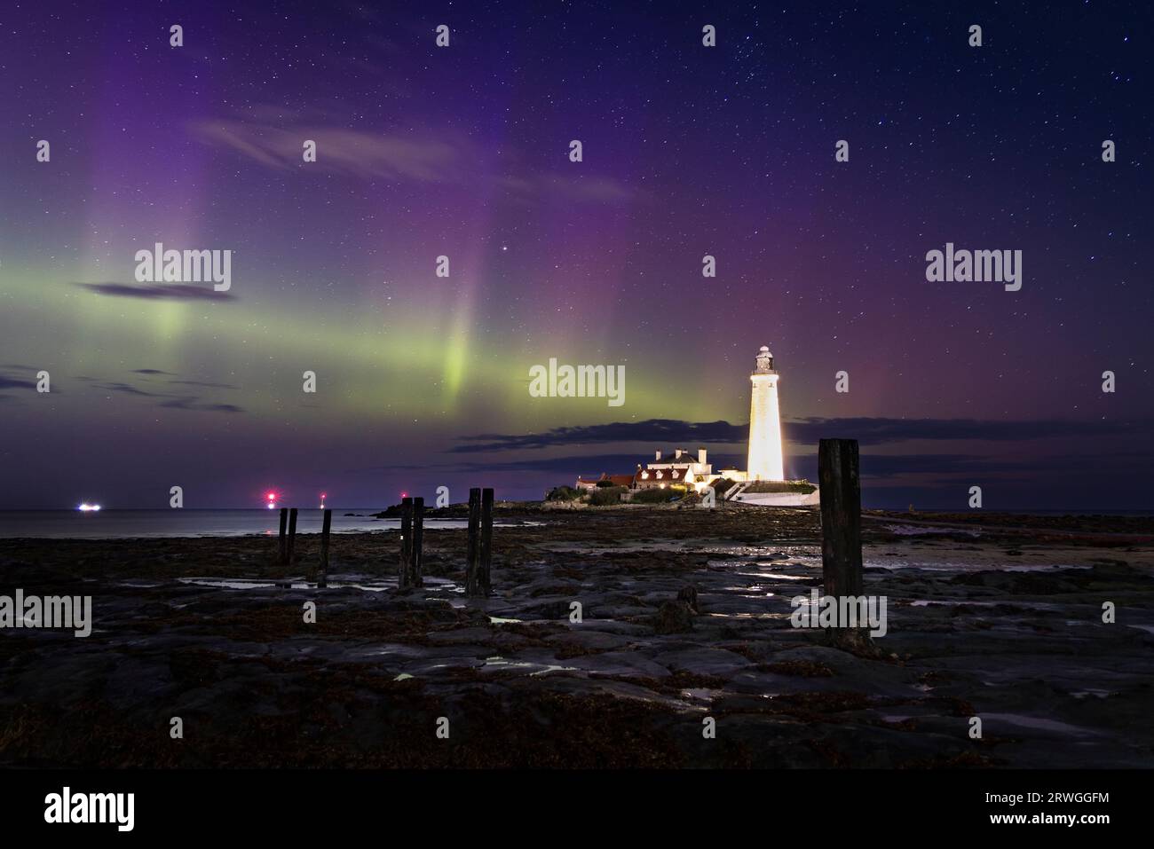 Aurora boreale/aurora boreale sul faro di St Mary, Whitley Bay Foto Stock