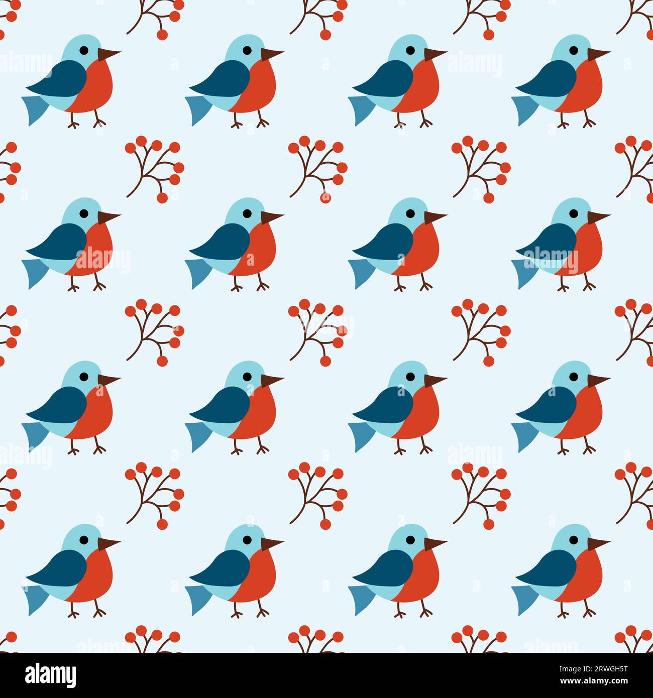 Natale inverno motivo senza cuciture con graziosi uccelli bullfinch e bacche di rowan. Sfondo piatto vettoriale. Illustrazione Vettoriale
