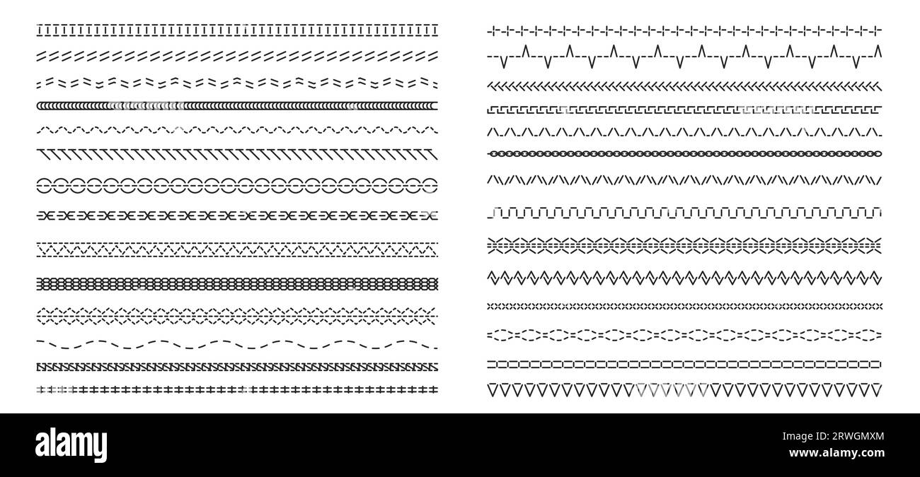 Cucitura nera a macchina. Variazione a zig-zag senza cuciture, bordo riccio con linee dritte e curve, variazione del motivo ricamato. Insieme isolato dal vettore Illustrazione Vettoriale