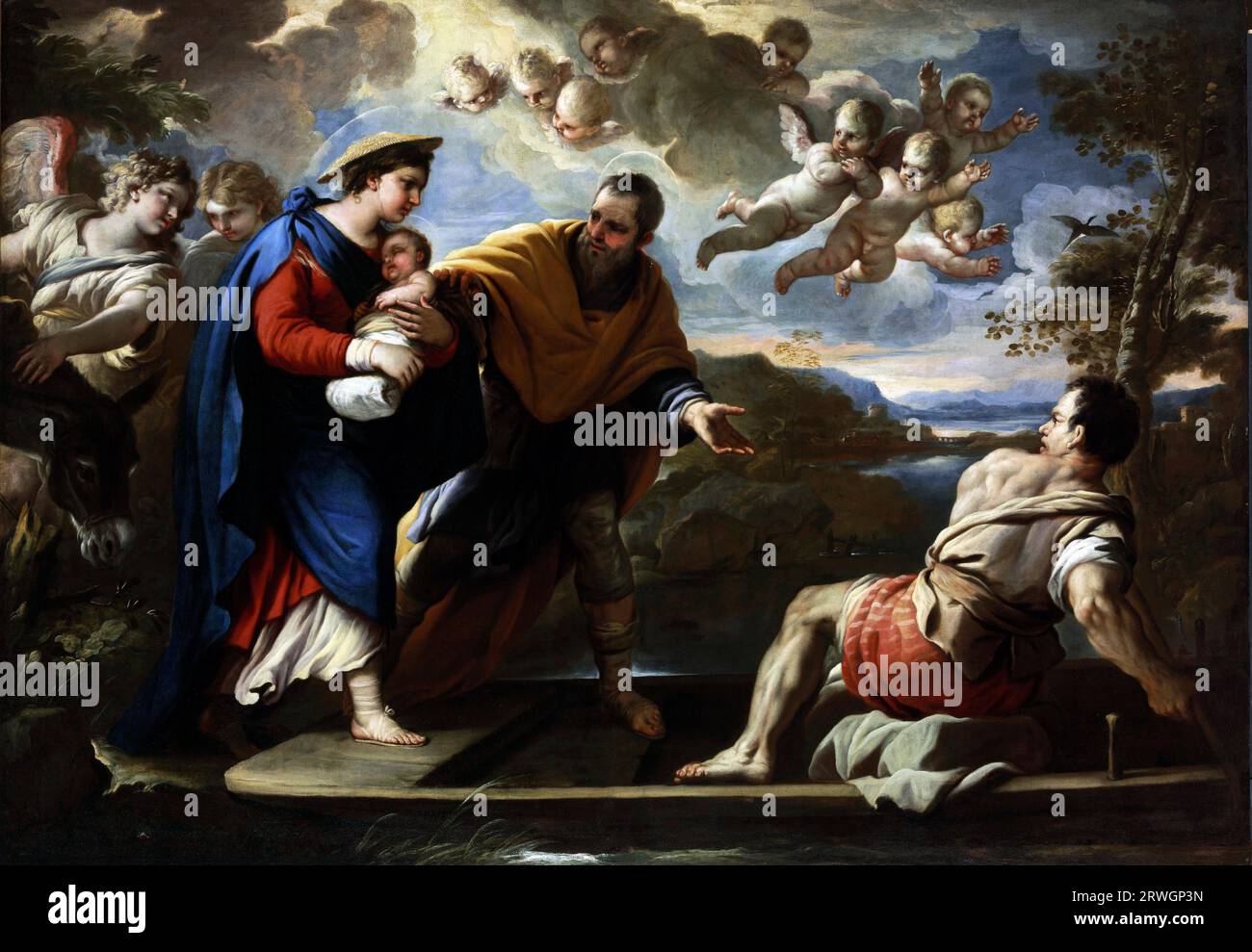 The Flight into Egypt di Luca Giordano (1634-1705), olio su tela, c. 1680-85 Foto Stock