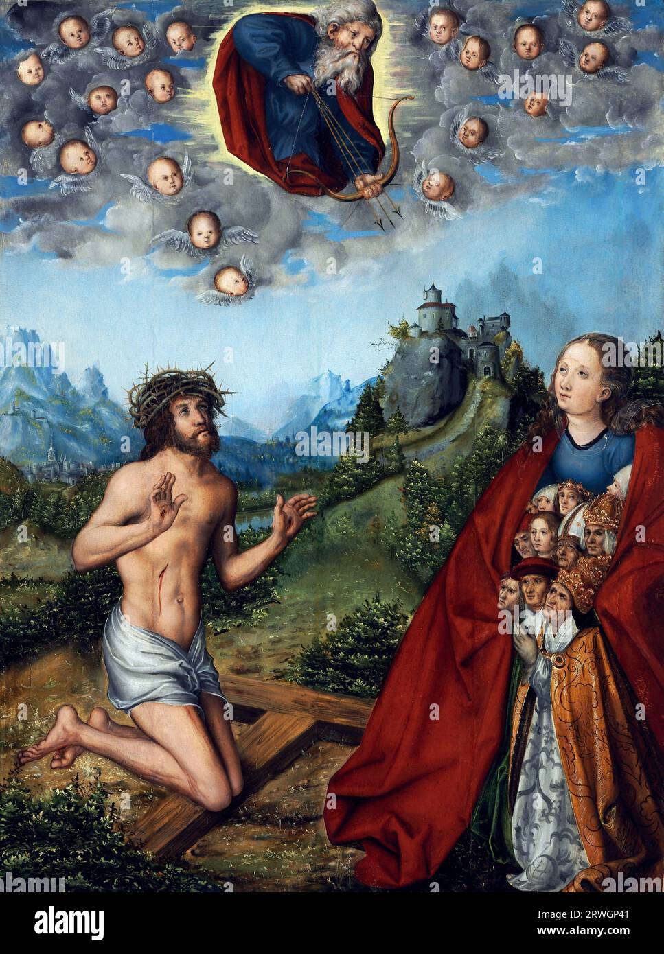 Cristo e la Vergine intercedendo per l'umanità davanti a Dio padre di Lucas Cranach il Vecchio (1472-1553), olio su legno di limone, c. 1516-18 Foto Stock