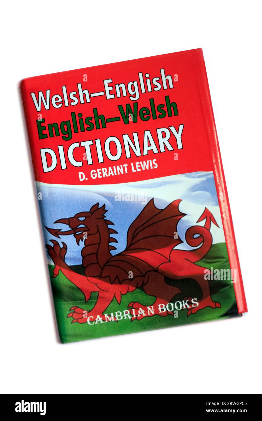 Gallese-inglese, inglese-gallese dizionario di D. Geraint Lewis, copertina libro, sfondo bianco, configurazione studio Foto Stock