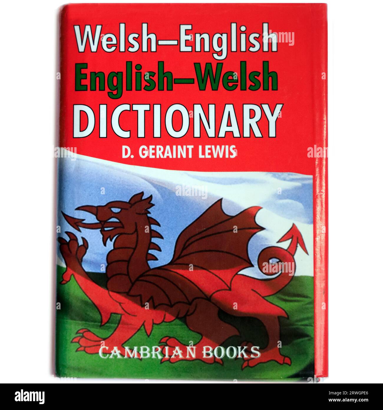 Gallese-inglese, inglese-gallese dizionario di D. Geraint Lewis, copertina libro, sfondo bianco, configurazione studio Foto Stock