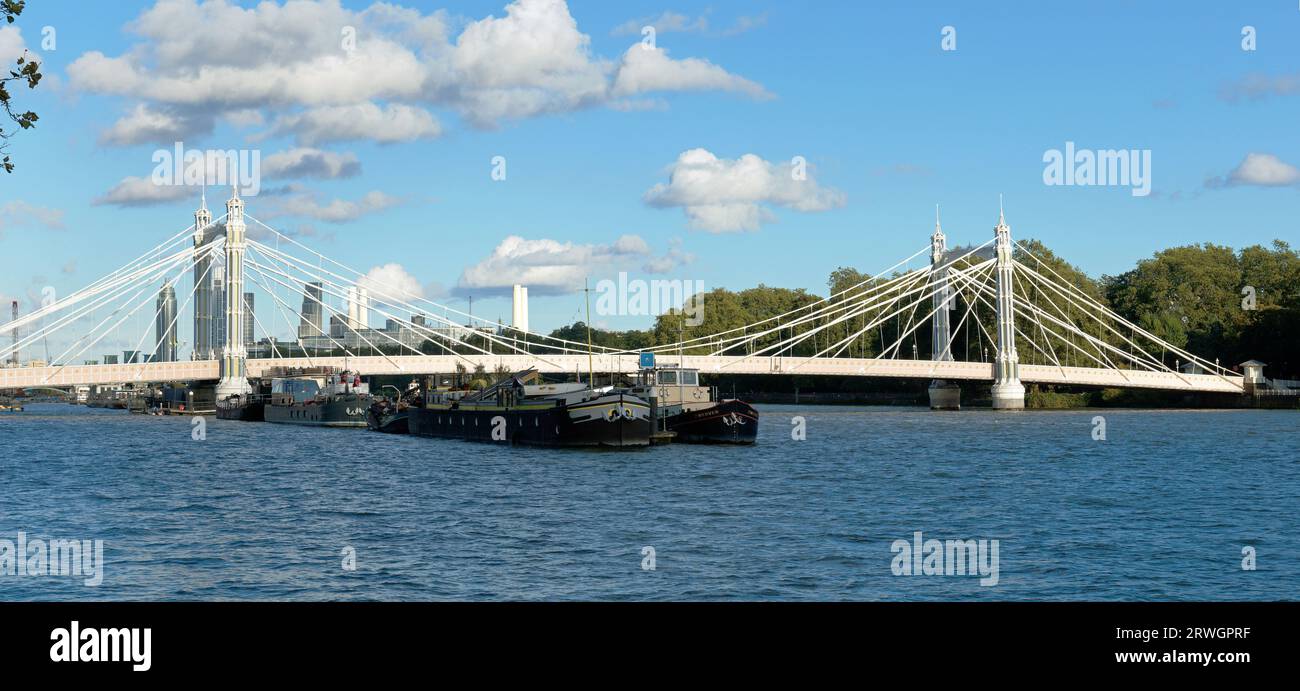 Vista dell'Albert Bridge, un ponte stradale sul Tamigi a Londra Foto Stock