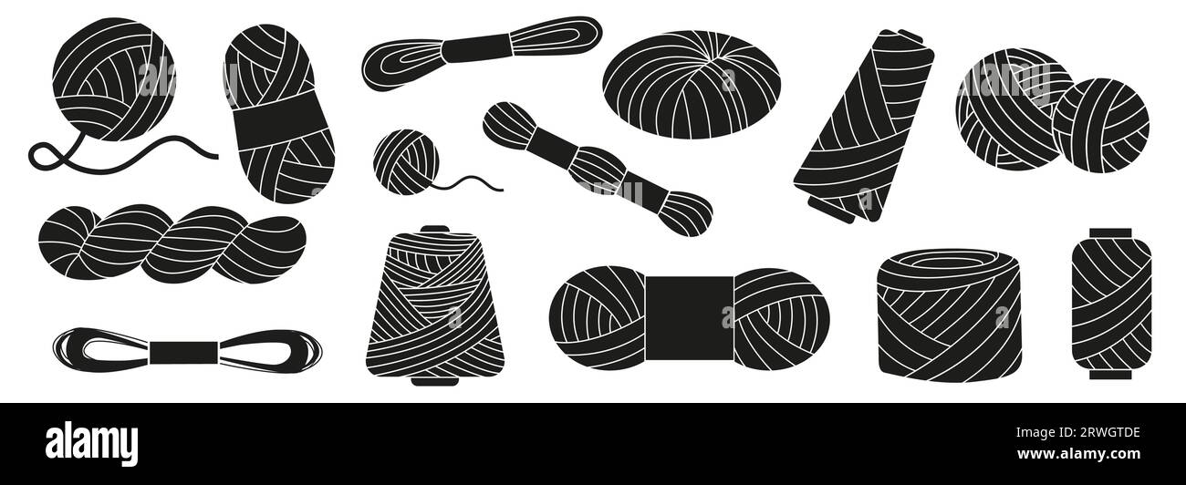 Filato nero. Fili di lana colorati fatti a mano, tessuto lavorato a mano in tessuto lavorato a maglia. Collezione di bobine Vector in lana colorata Illustrazione Vettoriale