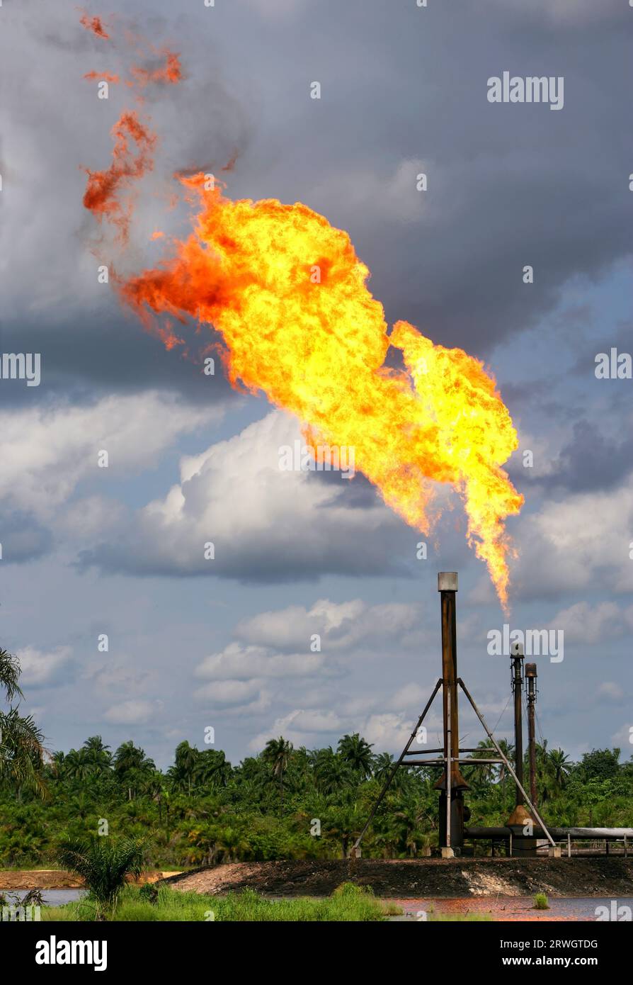 Nigeria: inquinamento ambientale bruciando il gas dalla produzione di petrolio nel delta del Niger Ogoniland Foto Stock