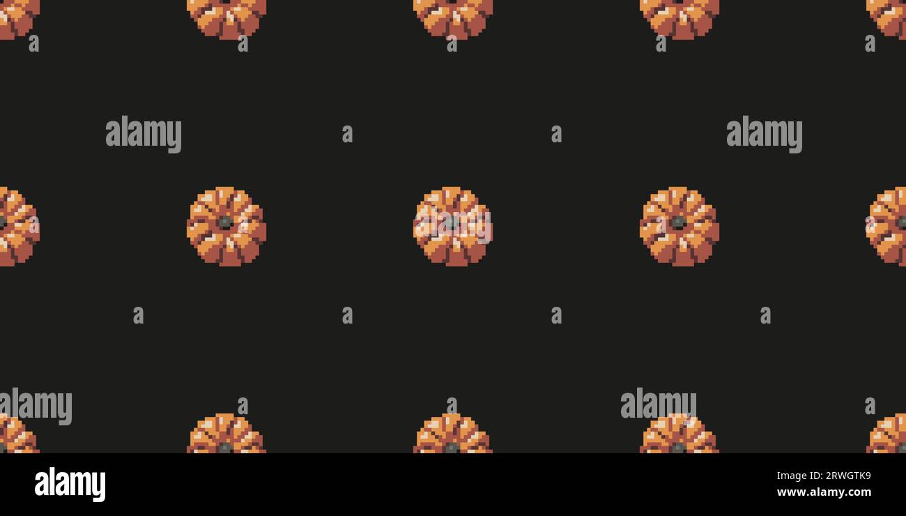 Motivo senza cuciture zucca grafica pixel. Motivo Halloween a 8 bit su sfondo scuro per avvolgere la carta. Vettore Illustrazione Vettoriale